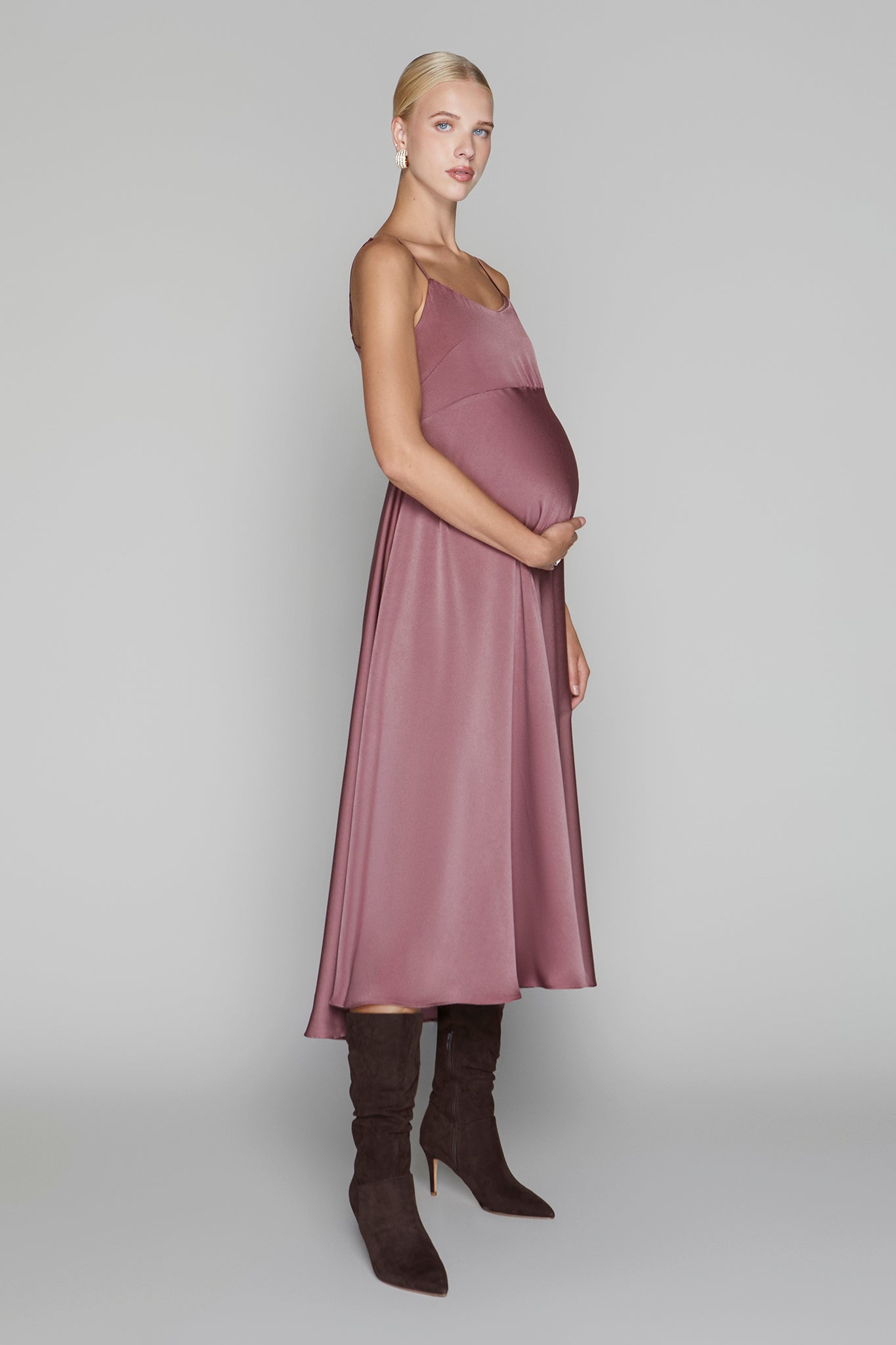 Sahara Maternity Dress in Mulberry, Mulberry / M, High Waist Seam, Flared Bottom, Midi Length, Invisible Zipper Closure, Soft and Comfortable for