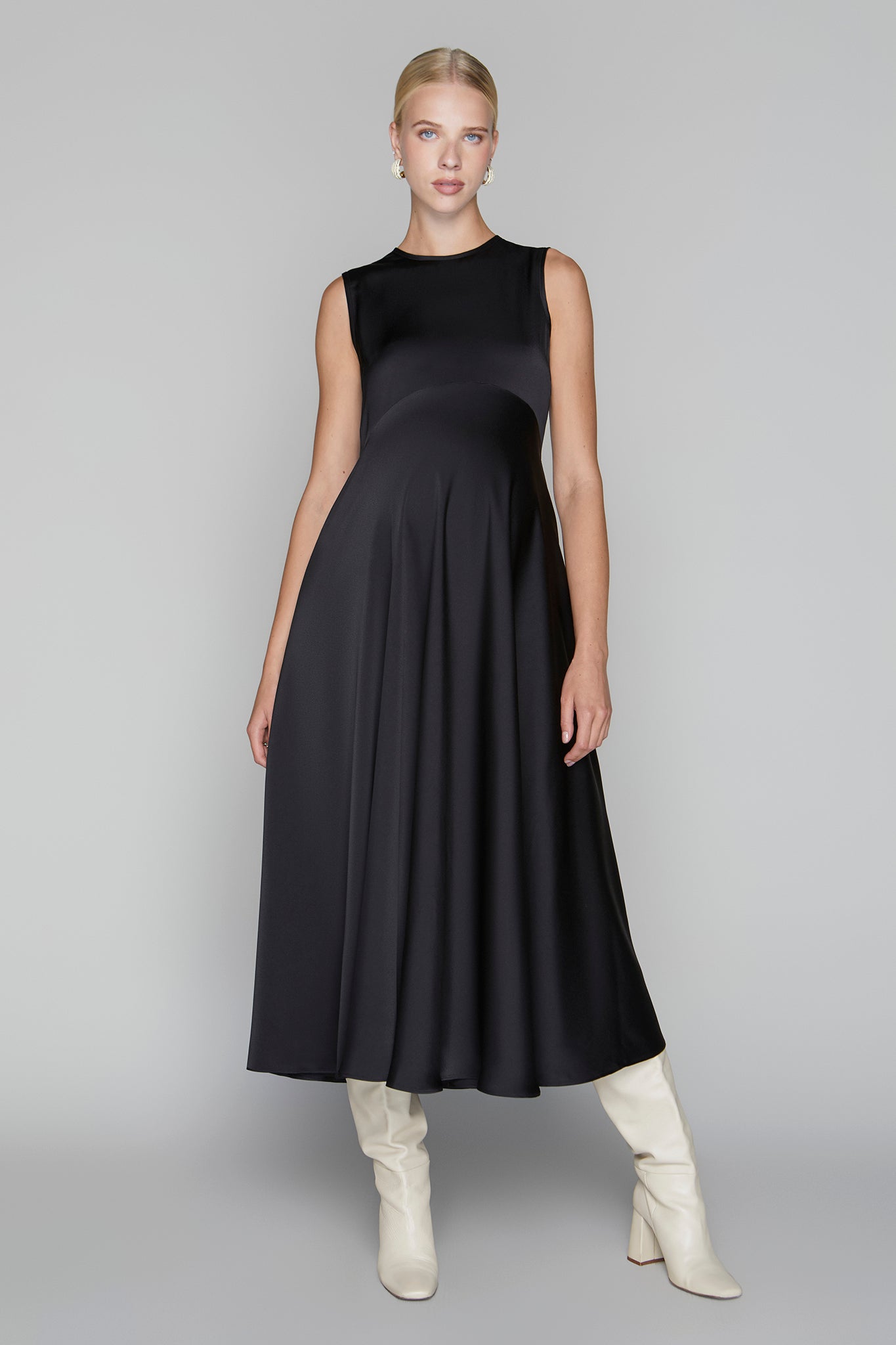 Monroe Maternity Dress for Women, Black, High Neckline, High Waist Seam, Flared Bottom, Midi Length, Invisible Zipper Closure in Back, Size XS Monroe Maternity Dress for Women, Black, High Neckline, High Waist Seam, Flared Bottom, Midi Length, Invisible Zipper Closure in Back, Size XS