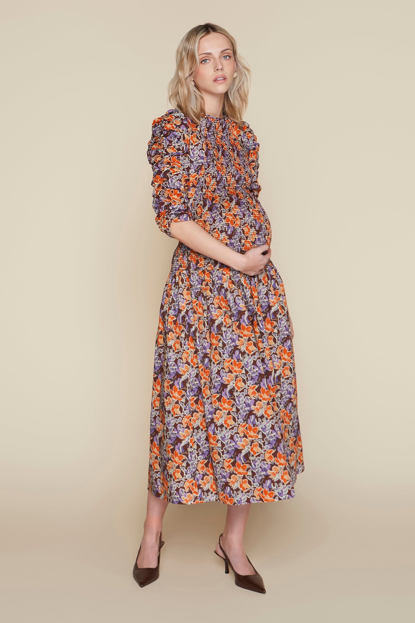 orange print maternity dress THDHVS Maternity Dress Summer,Maternity Dress for Baby Shower,Woman'  Fashion Print Pleated Maternity Skirt Short Sleeve Round Neck Mid Calf  Dress