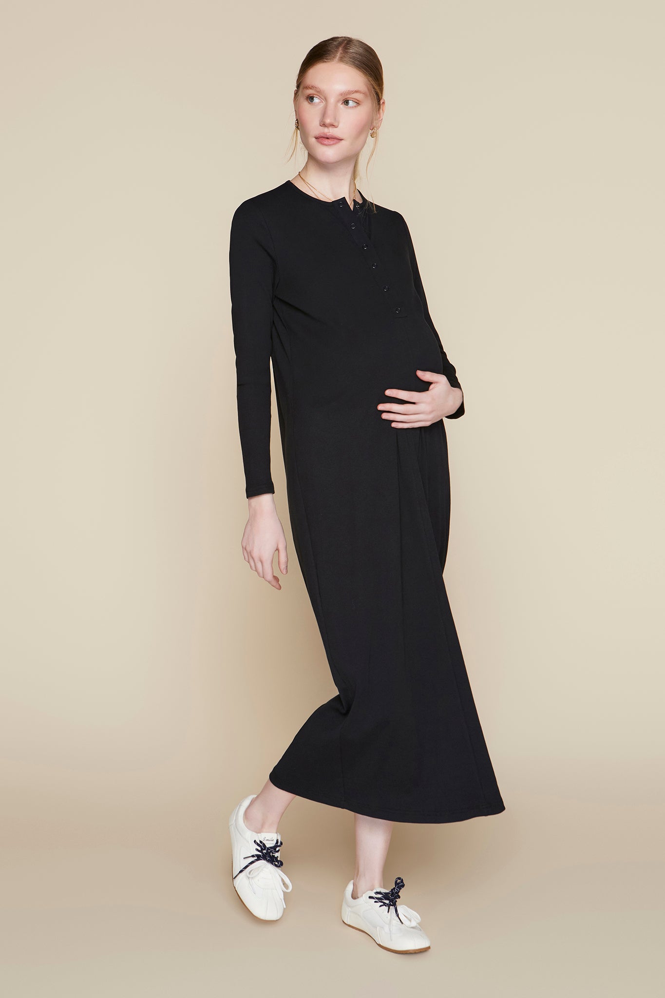 Avon Maternity Dress for Women, Black, Soft Ribbed Fabric, Front Snap Closure, Relaxed Fit, Long Sleeves, Maxi Length
