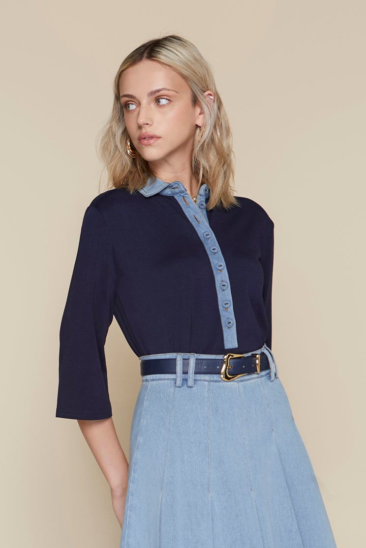 how to wash navy dress blues Elba Tee in Navy / Stone Wash Denim