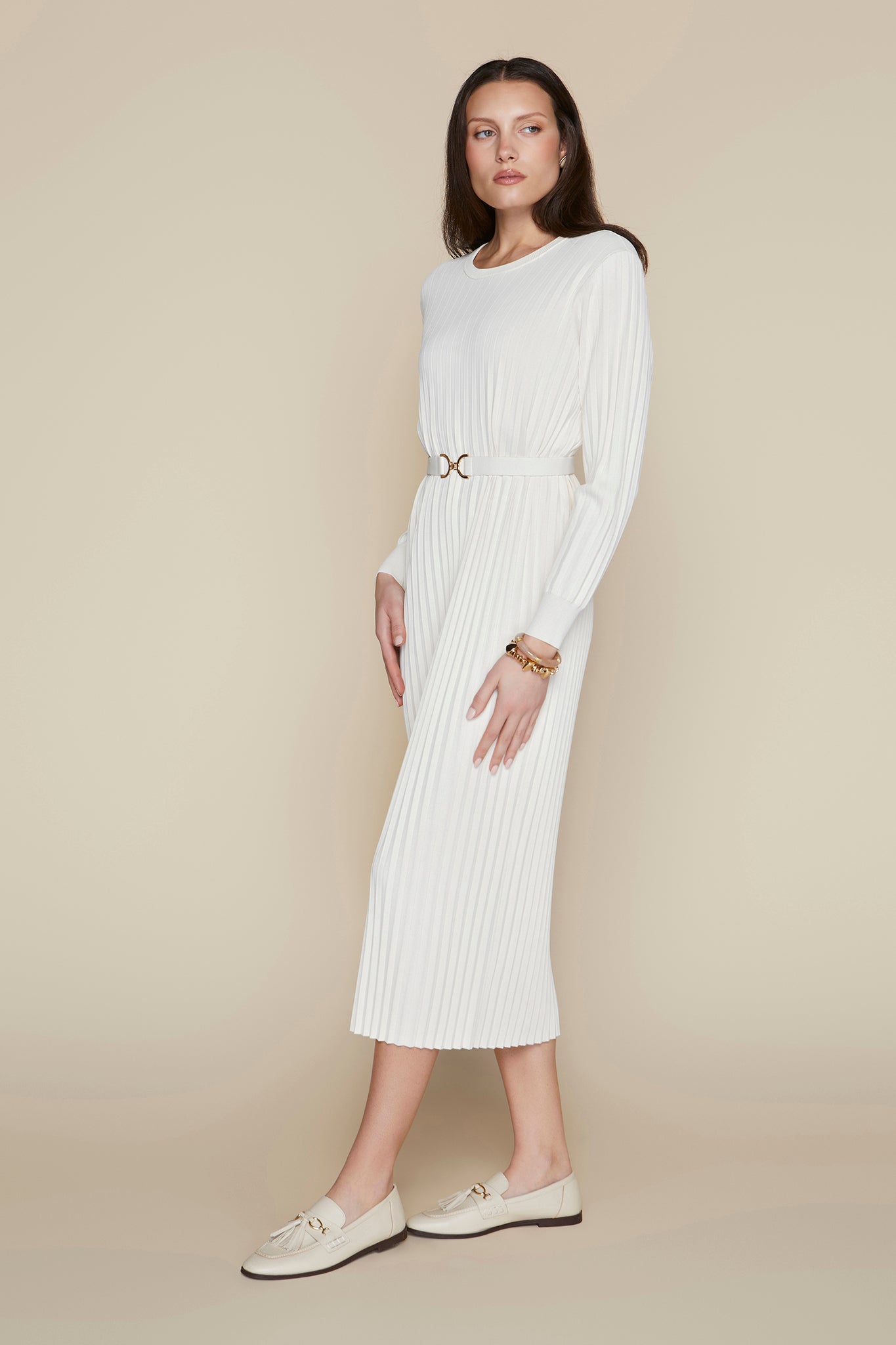 marbella midi dress Apparalel Marbella Dress, Coconut Color, Crew Neckline, Long Sleeves, Belt Included, Classic Signature Knit, Women's