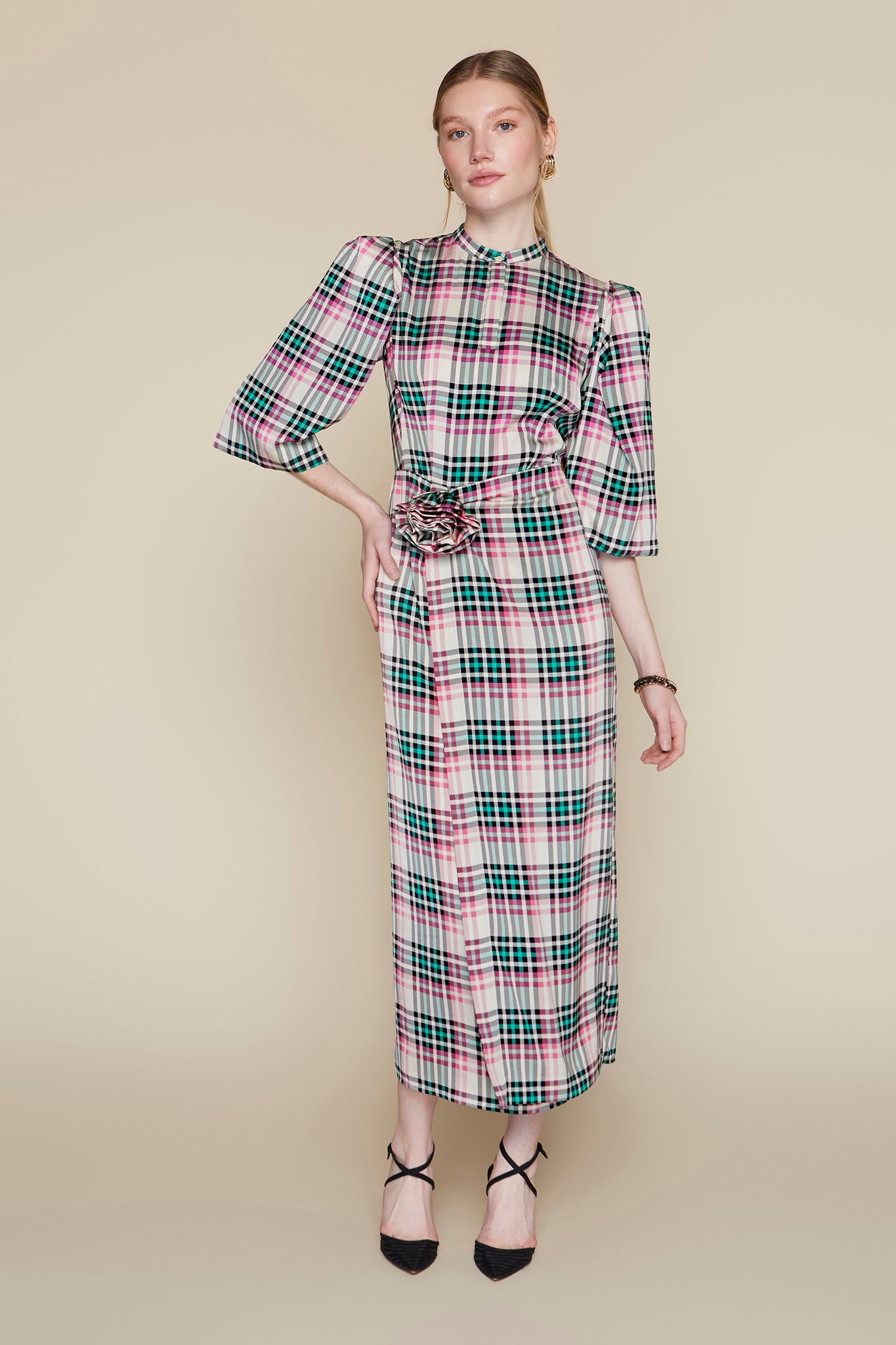 pink and green plaid dress 2PCS 1950s Oktoberfest White Top & Green Plaid Dress & Pink Apron main image 0