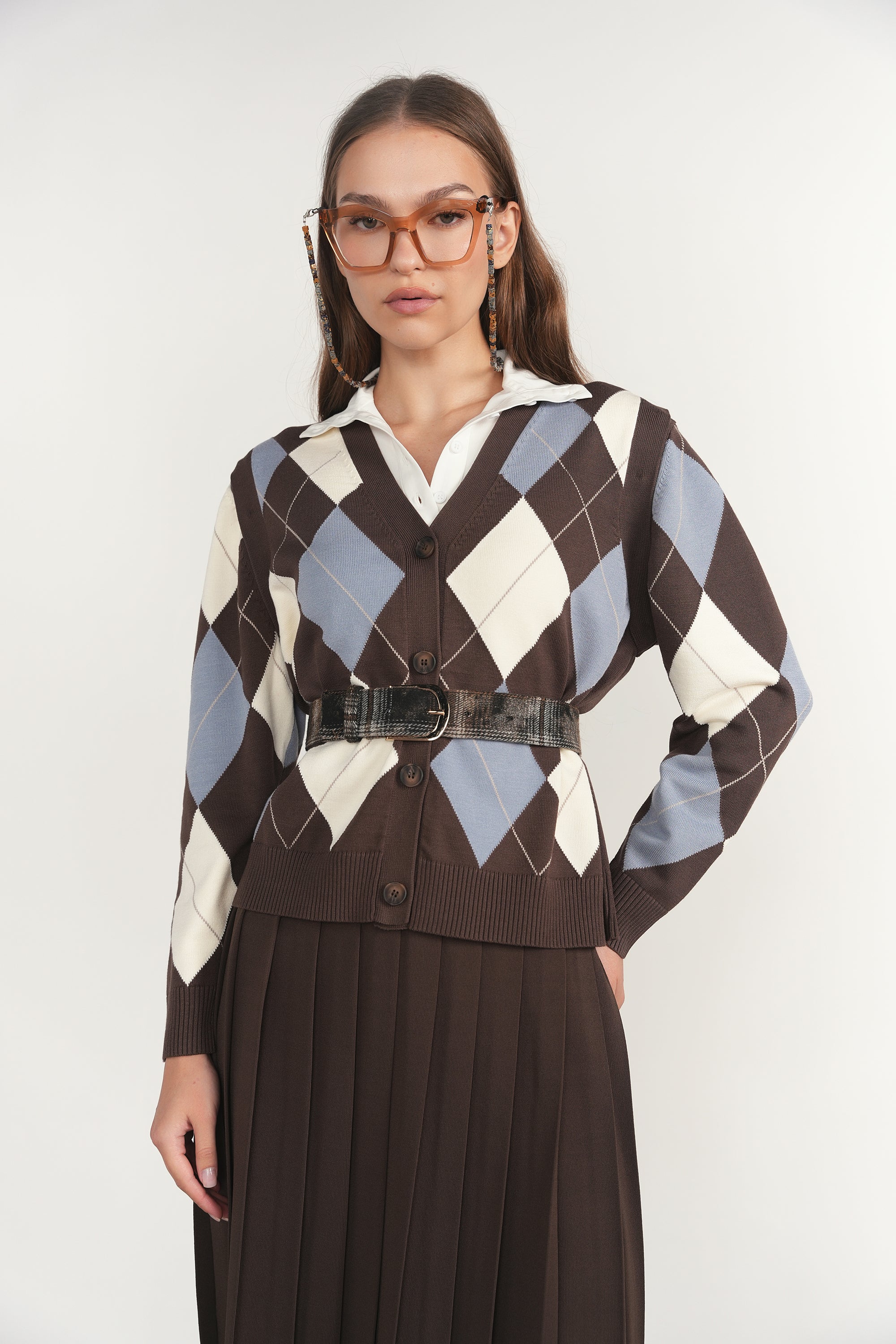Rhine Cardigan Vest in Fudge / Slate Blue