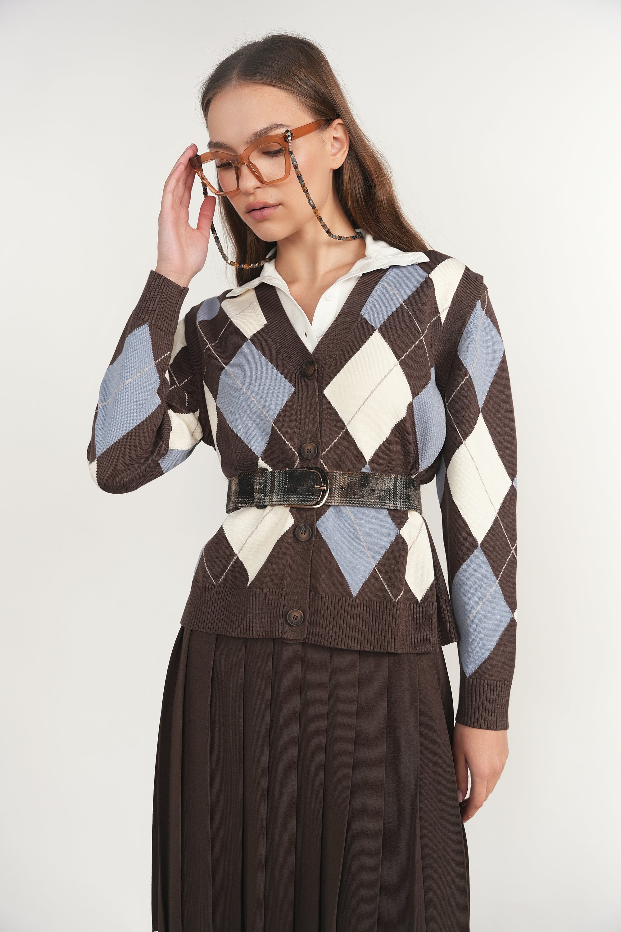 Rhine Cardigan Vest in Fudge / Slate Blue