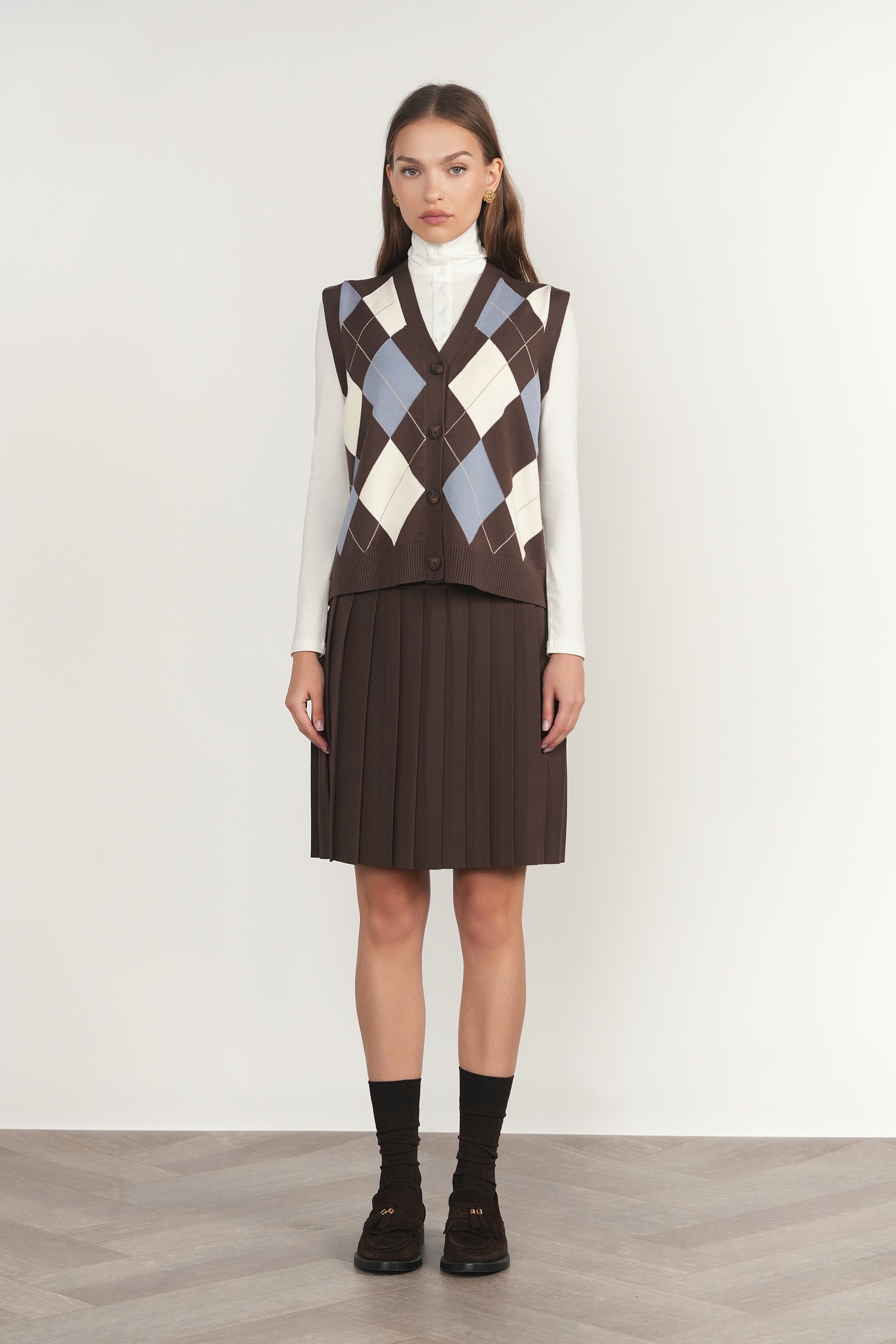 Rhine Cardigan Vest in Fudge / Slate Blue