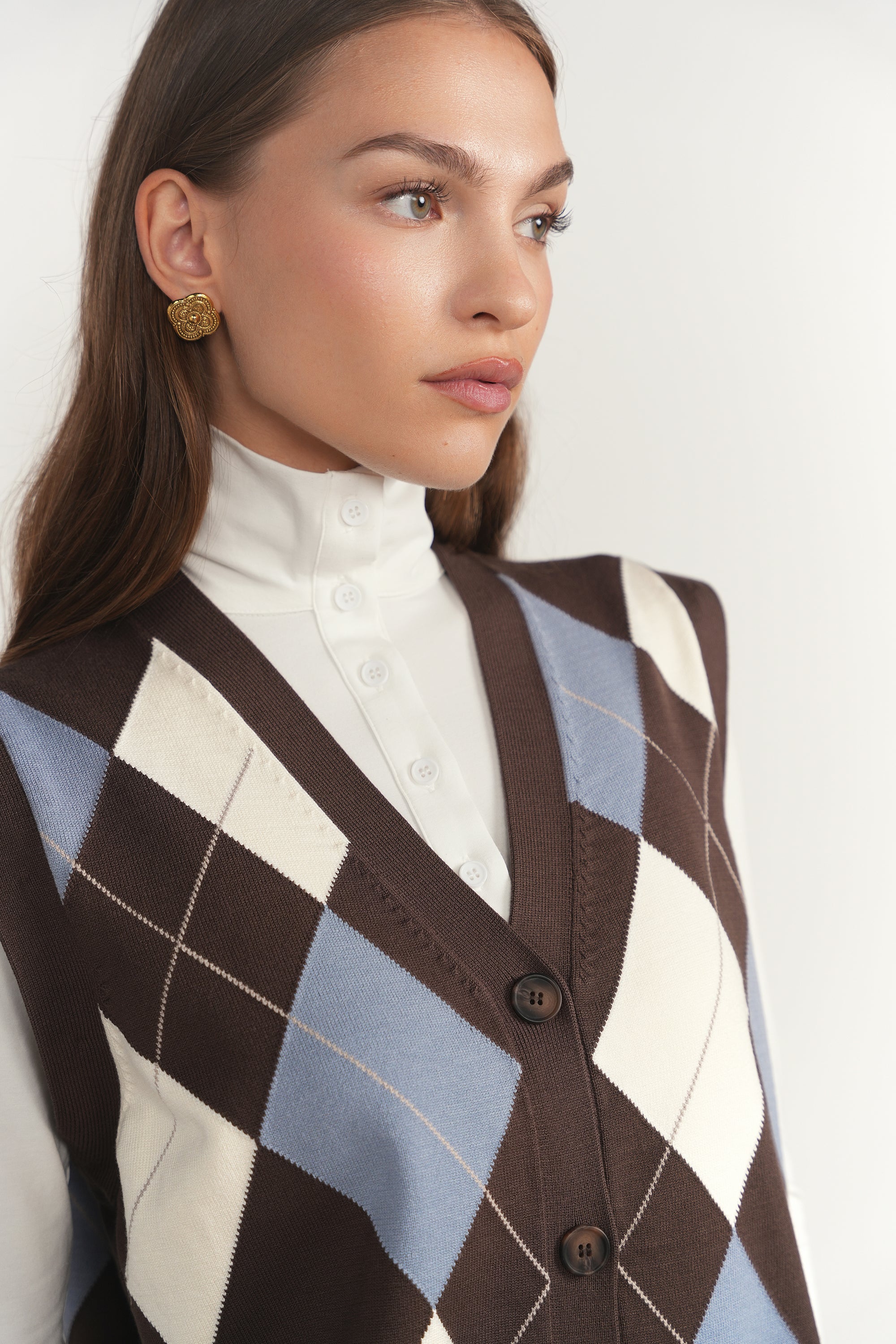 Rhine Cardigan Vest in Fudge / Slate Blue
