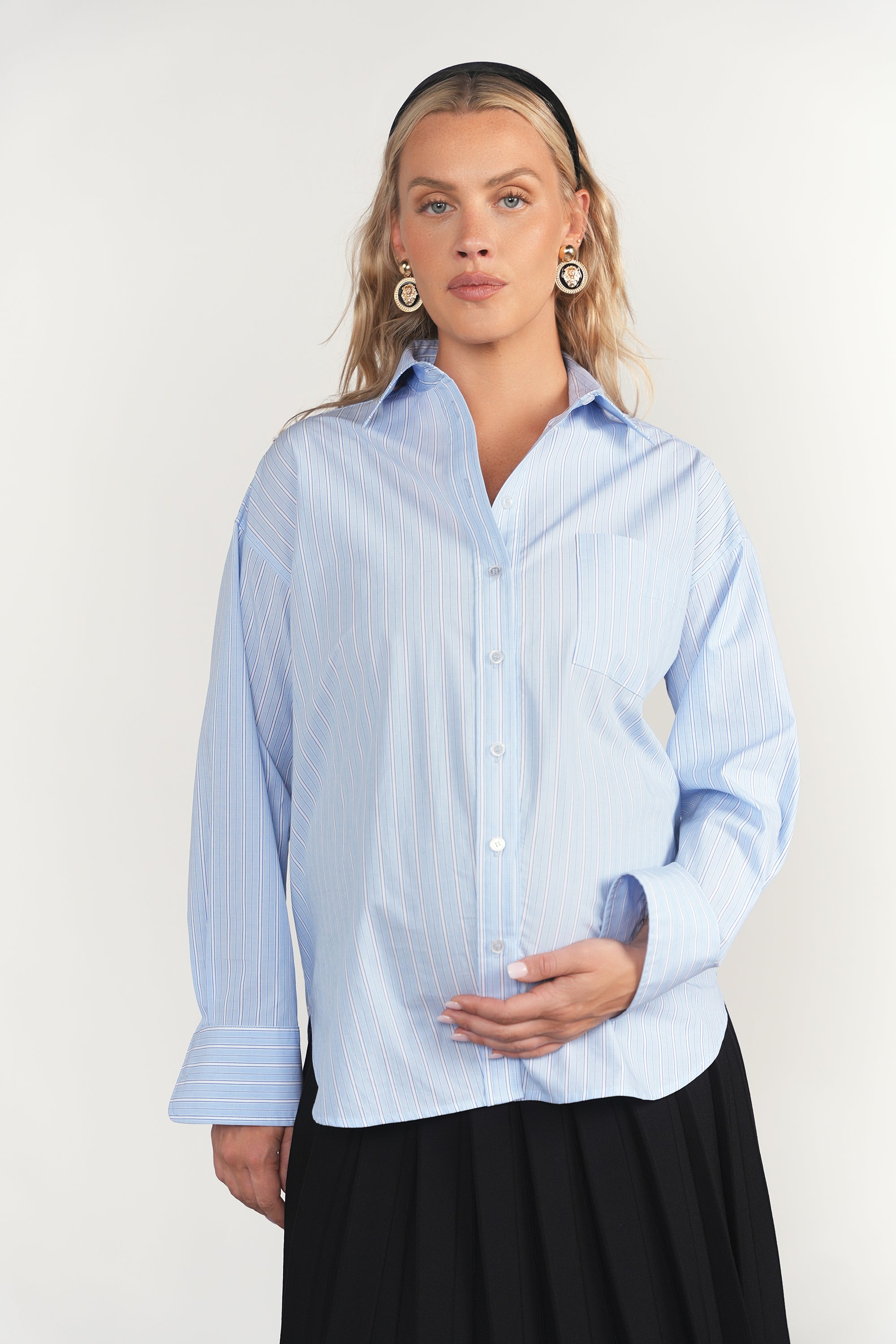 Aire Maternity Blouse in Blue Pinstripe
