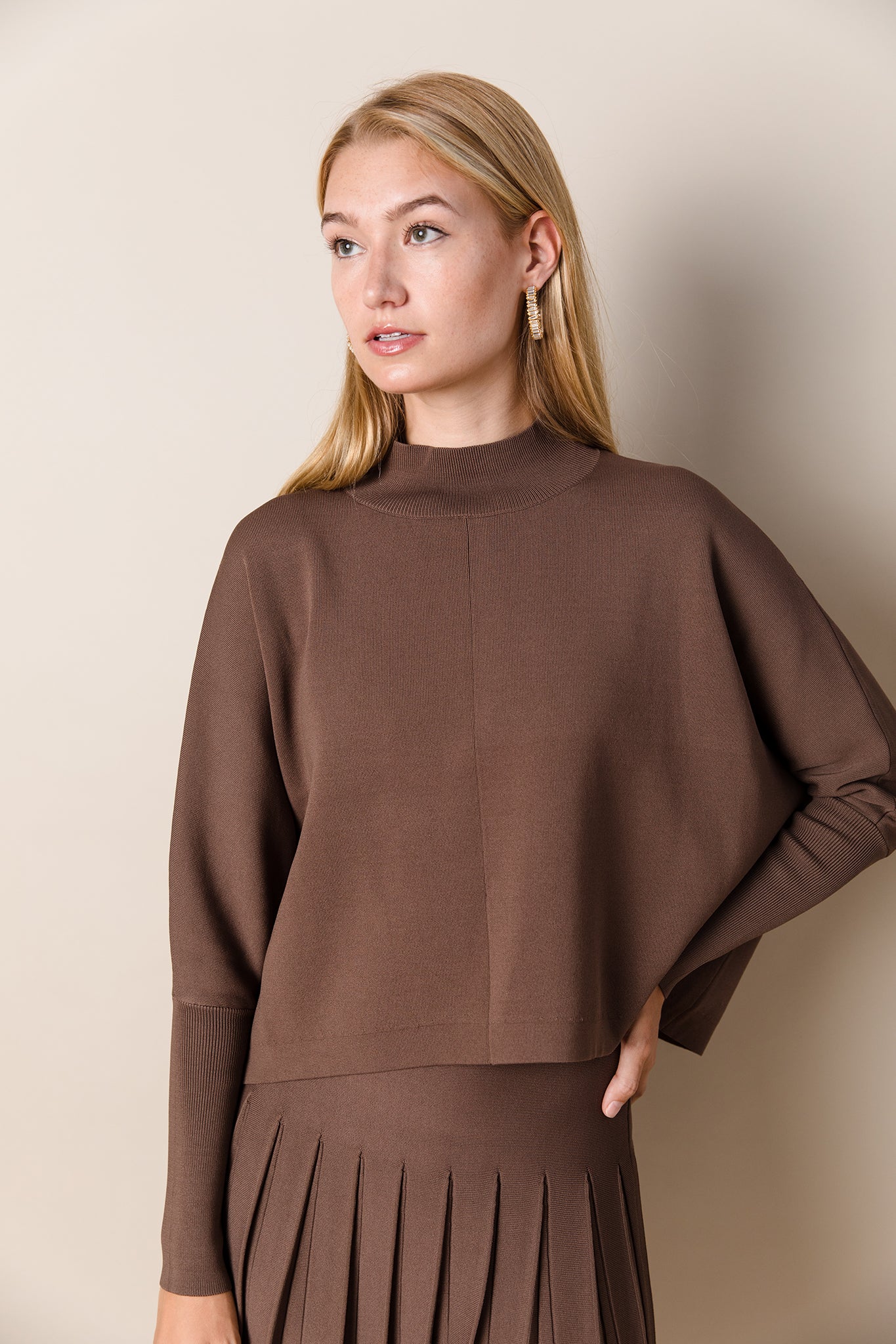 Mock Neck Dolman Sleeve Sweater in Truffle