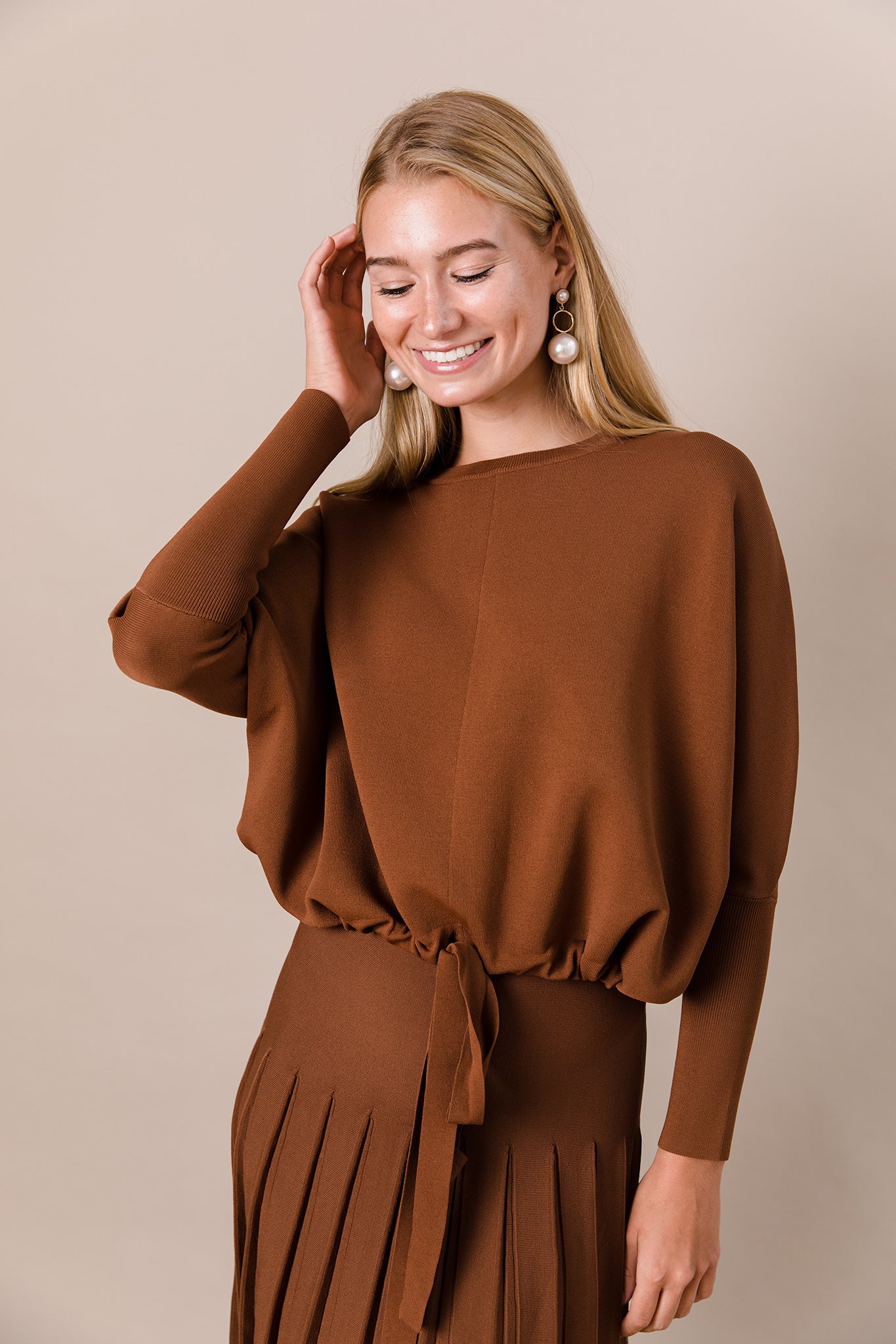 Drawstring Dolman Sleeve Sweater in Caramel