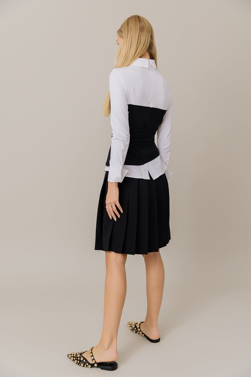 Corset Style Top and Pleated Skirt Set in Black/White