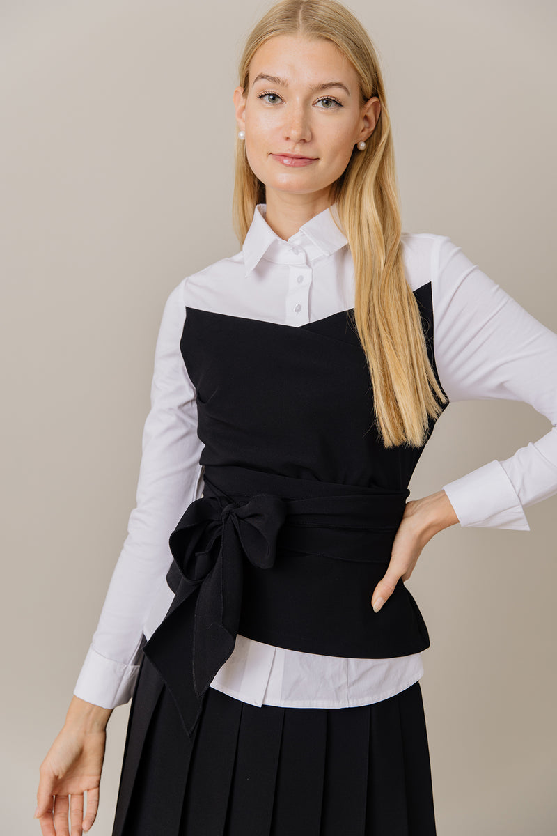 Corset Style Top and Pleated Skirt Set in Black/White