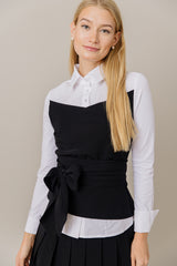 Corset Style Top and Pleated Skirt Set in Black/White