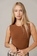 Knit Sleeveless Bodysuit in Caramel