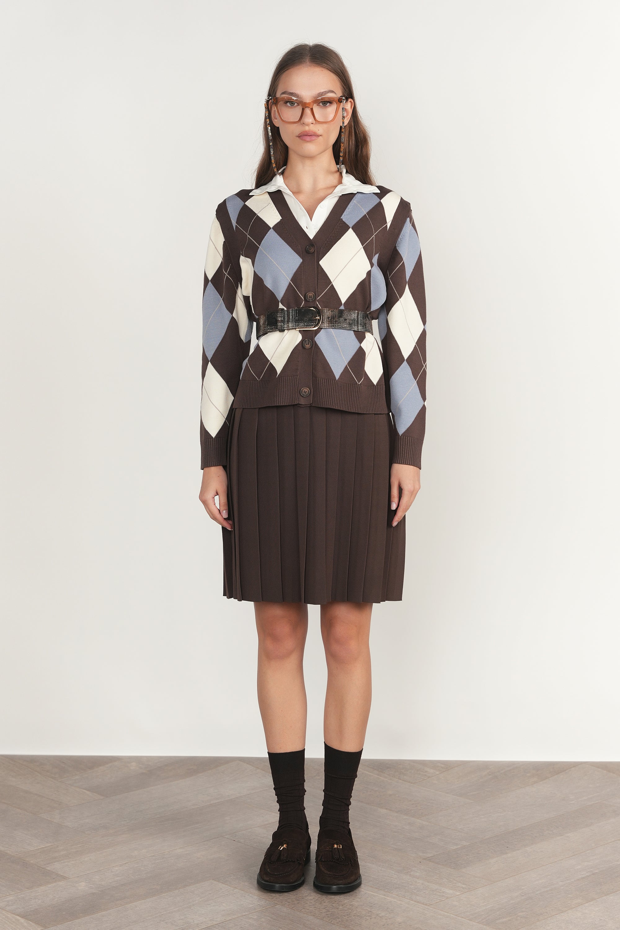 Rhine Cardigan Vest in Fudge / Slate Blue