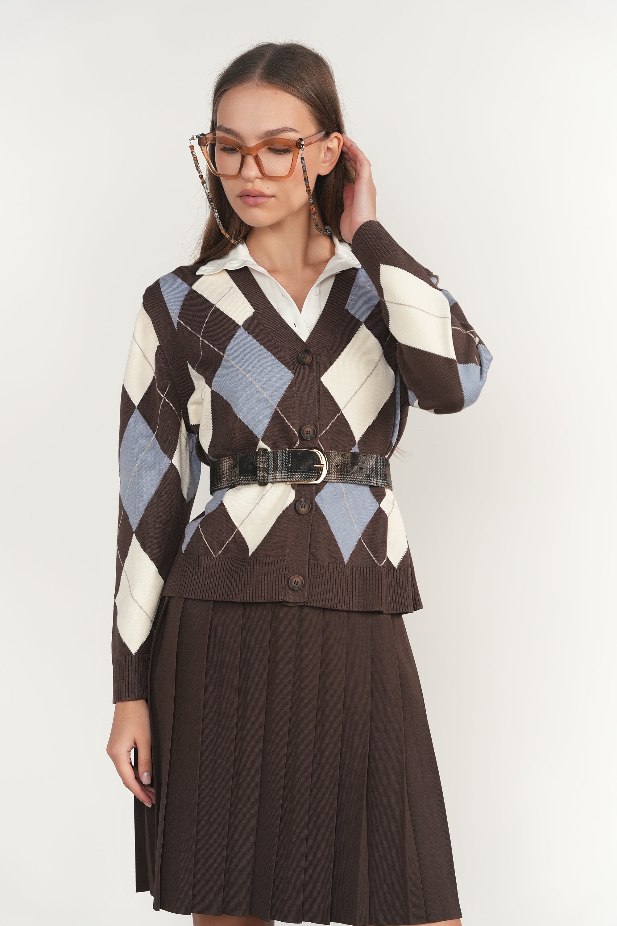 Rhine Cardigan Vest in Fudge / Slate Blue