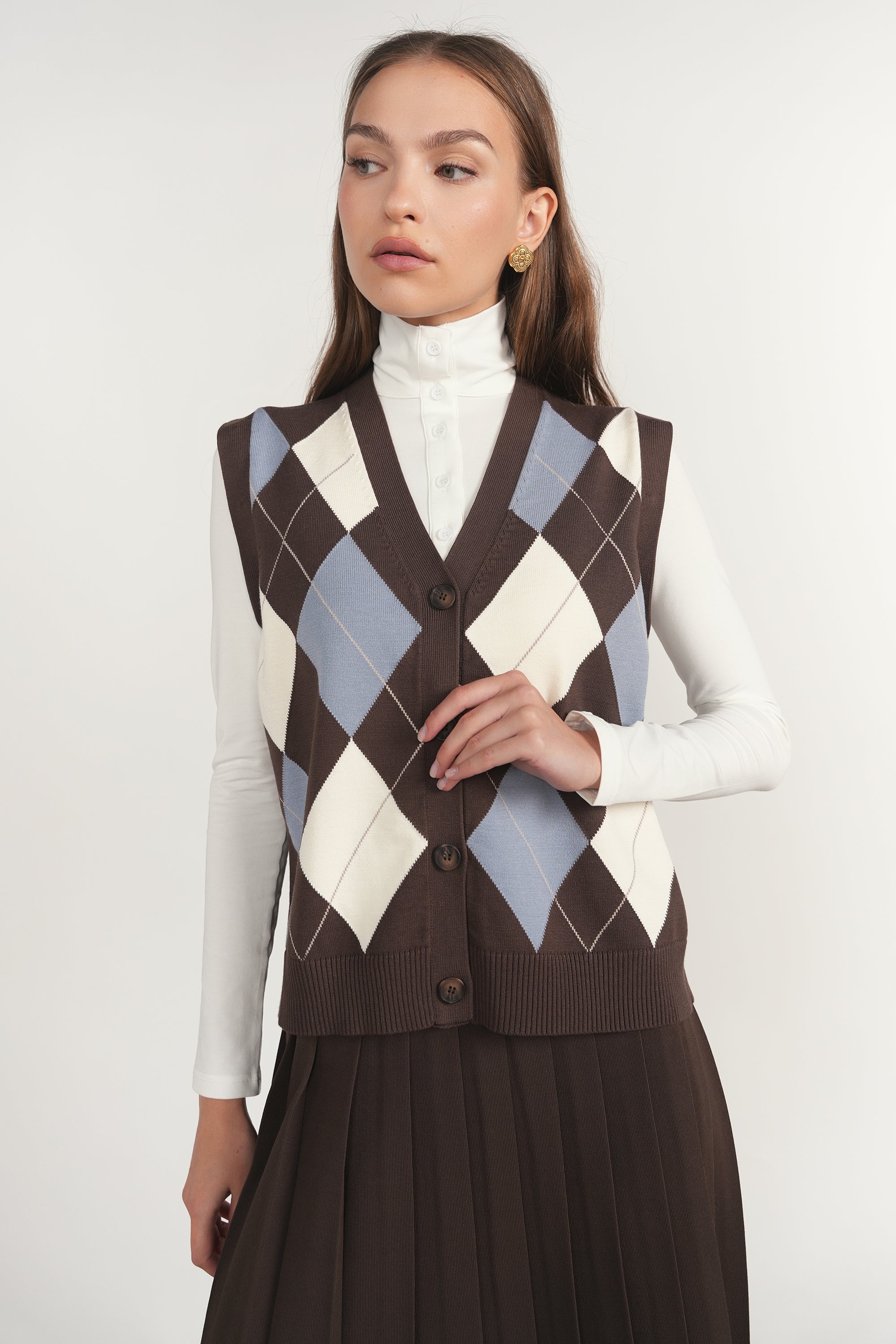 Rhine Cardigan Vest in Fudge / Slate Blue