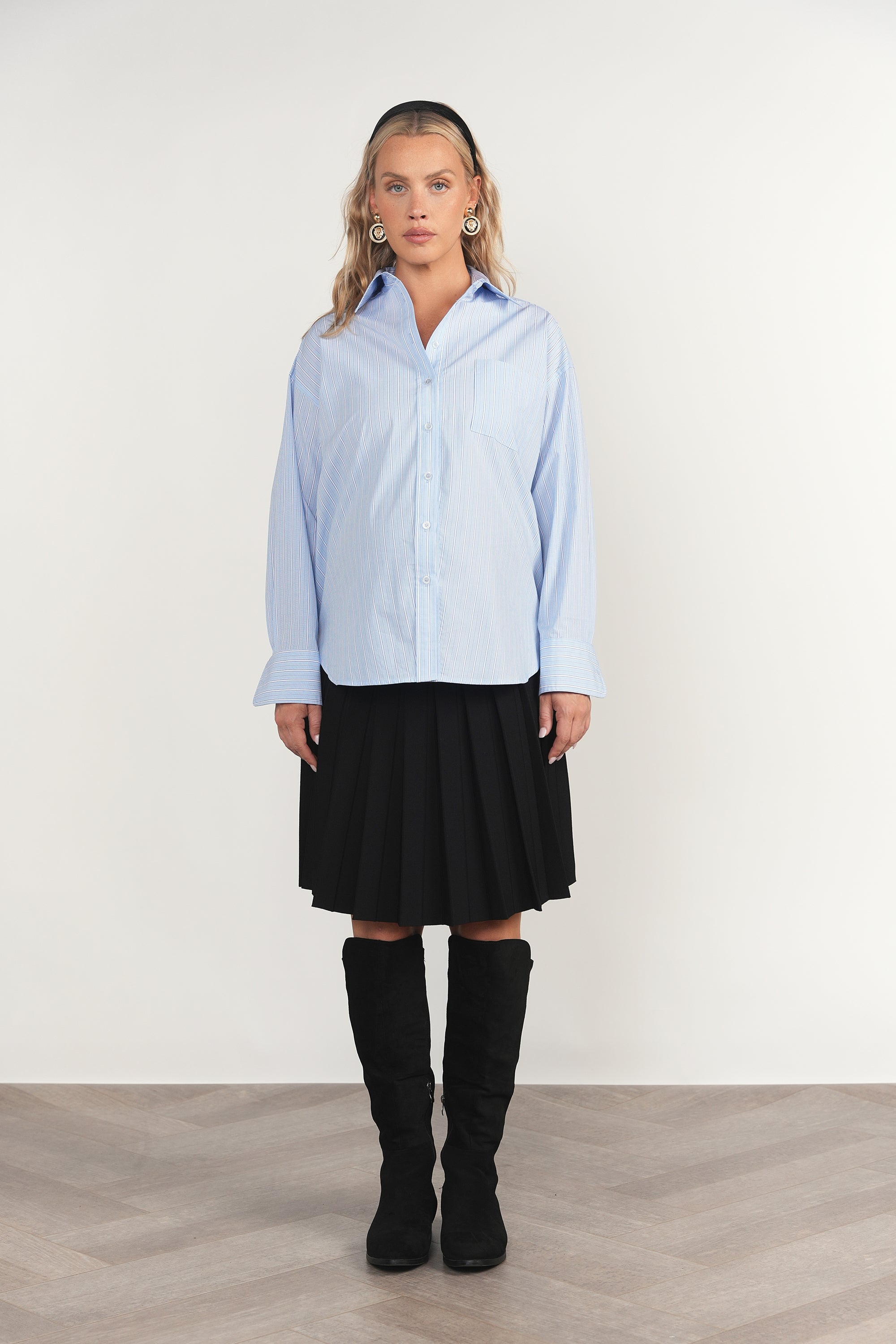 Aire Maternity Blouse in Blue Pinstripe