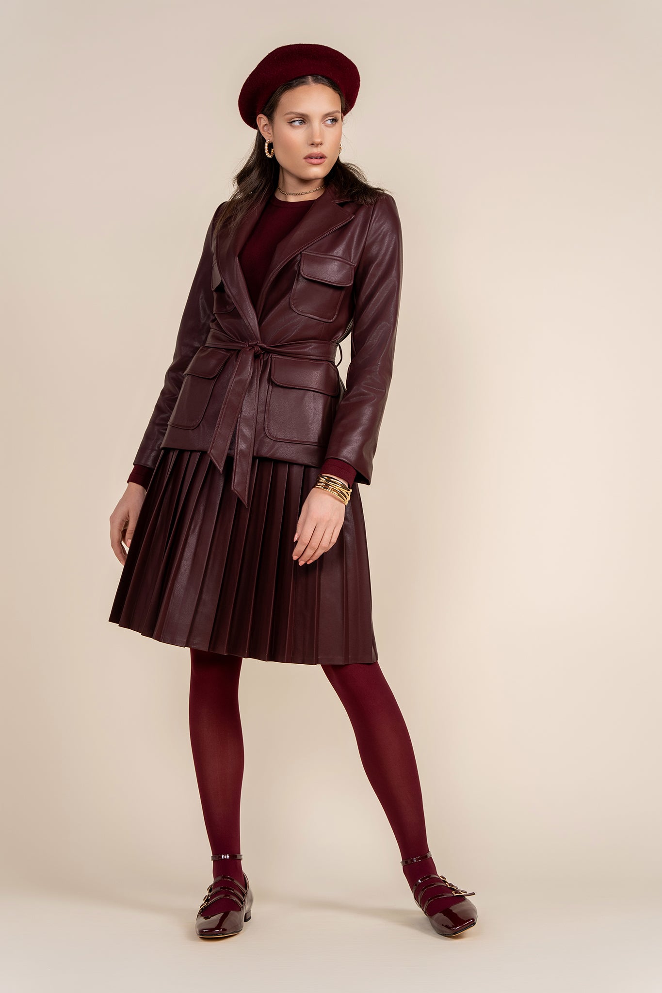 Coco Leather Pleated Skirt in Deep Merlot