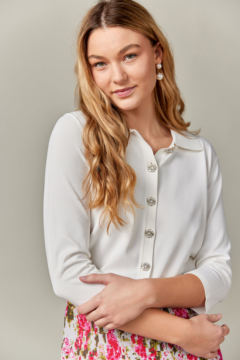 Knit Blouse with Crystal Buttons in Soft White