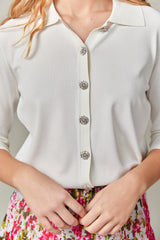 Knit Blouse with Crystal Buttons in Soft White
