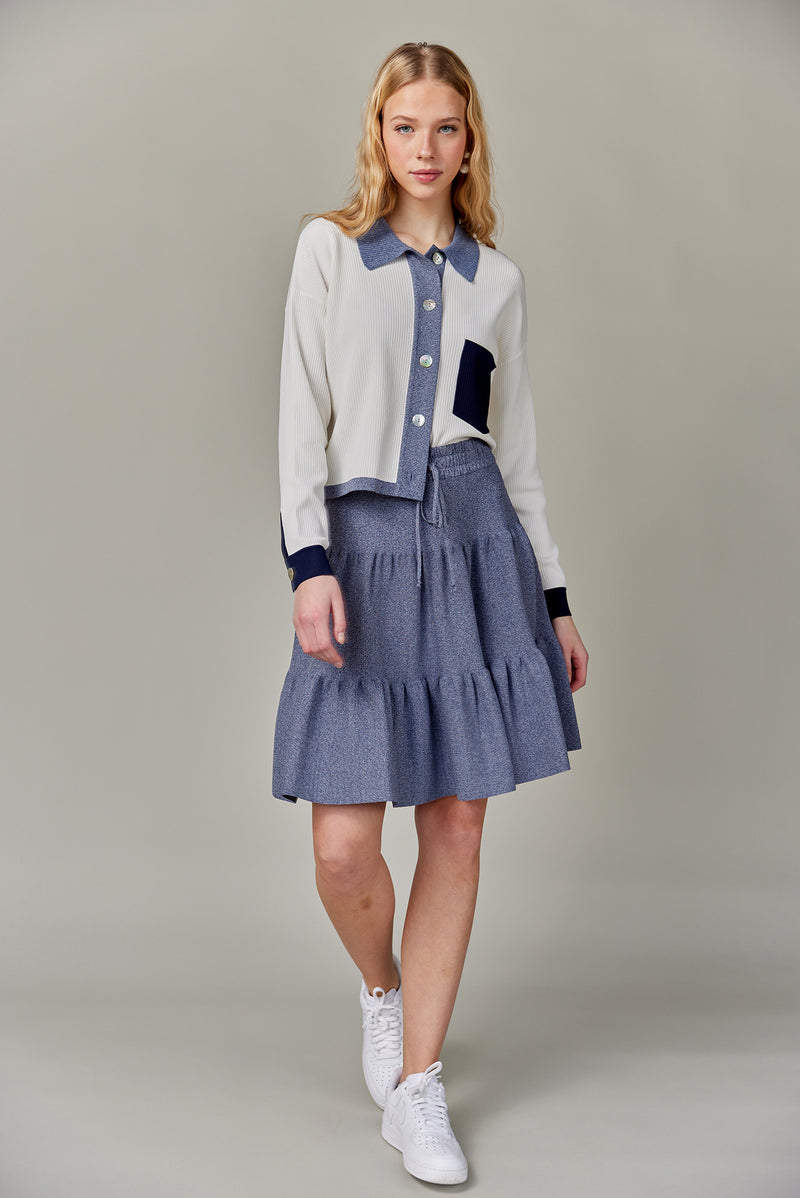 Drawstring Tiered Knit Skirt in Denim