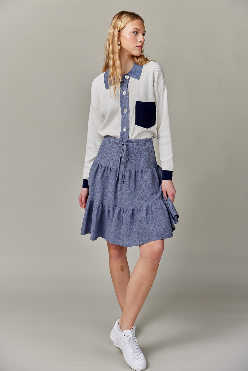 Drawstring Tiered Knit Skirt in Denim