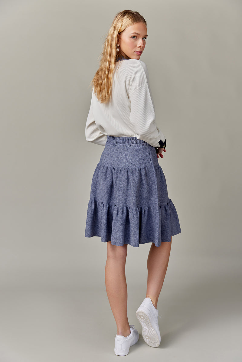 Ribbed Knit Loose Fit Blouse in Denim Mix