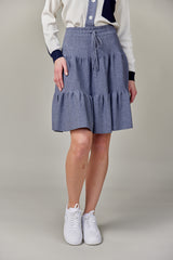 Drawstring Tiered Knit Skirt in Denim