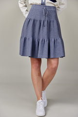 Drawstring Tiered Knit Skirt in Denim