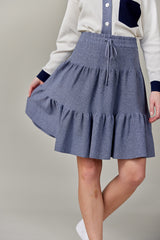Drawstring Tiered Knit Skirt in Denim