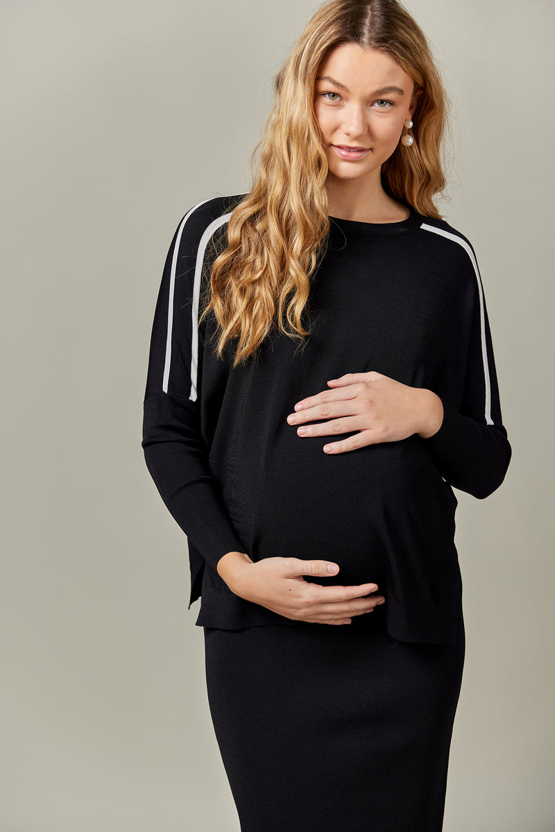 Stripe Side Vent Dolman Sweater in Black