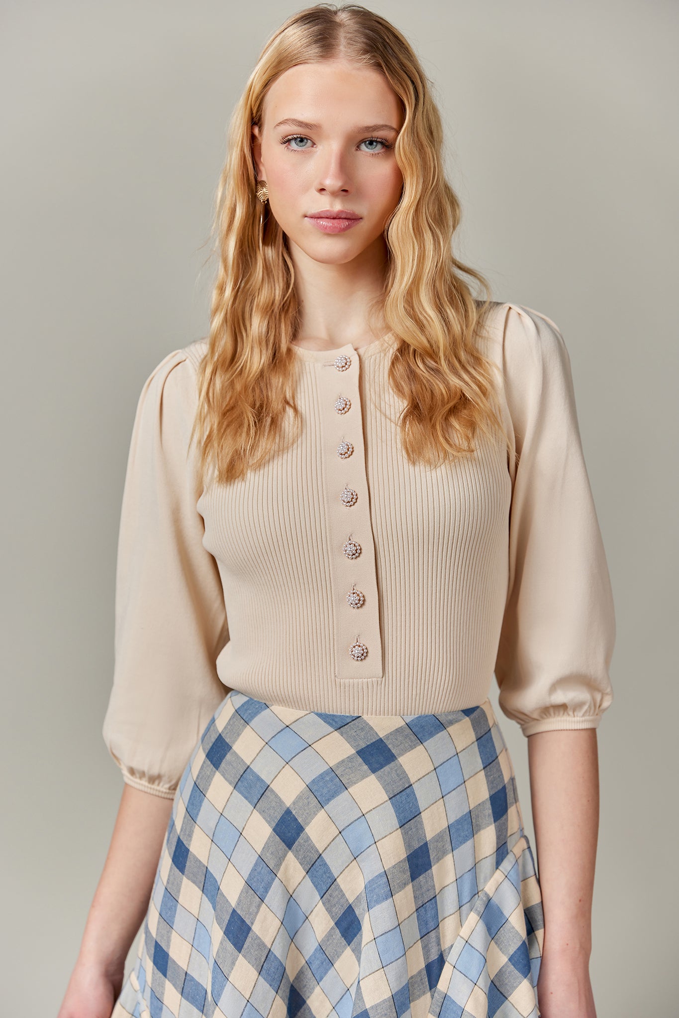 Ribbed Knit Top with Pearl Buttons in Vanilla