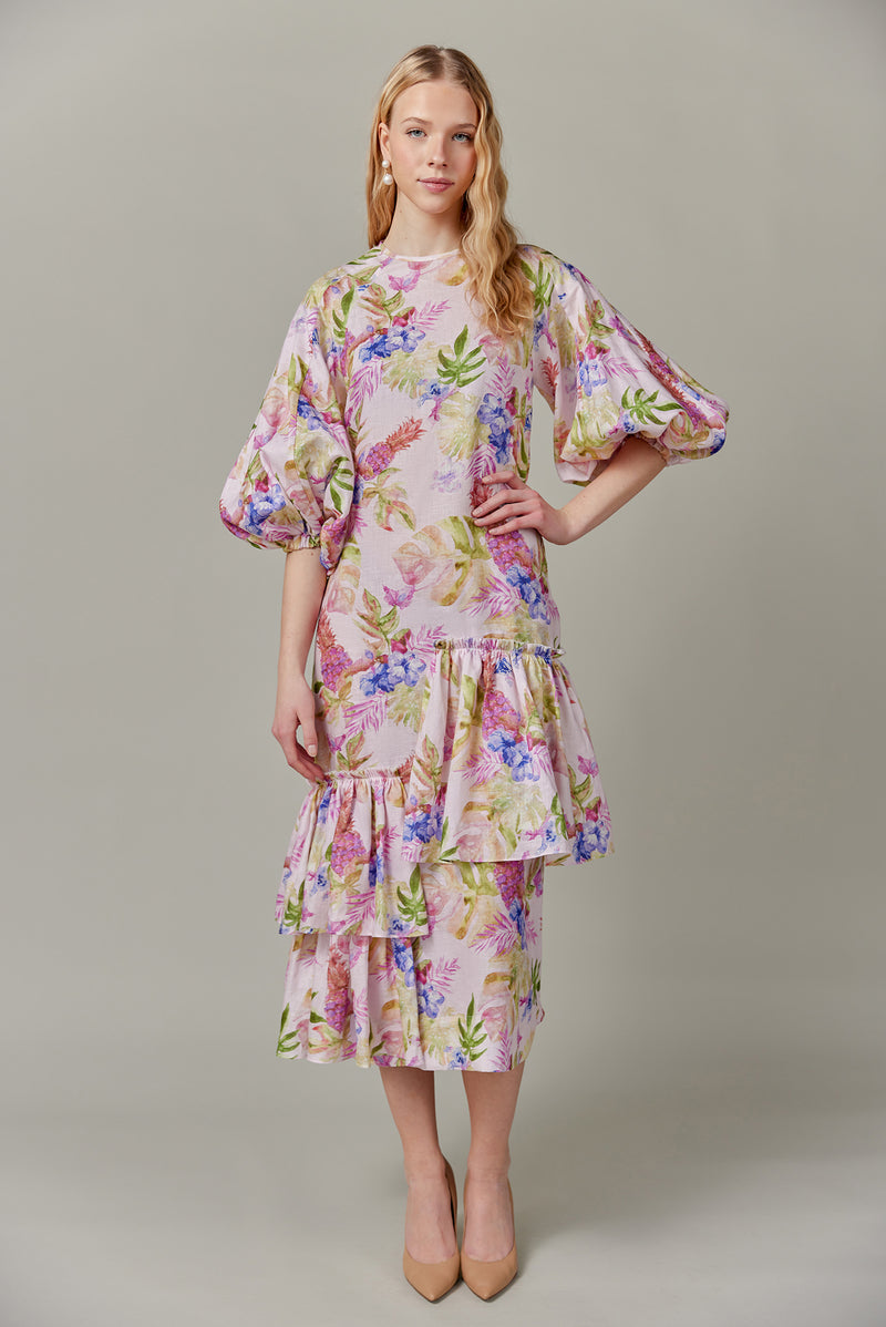 Linen Maxi Dress in Tropical Print