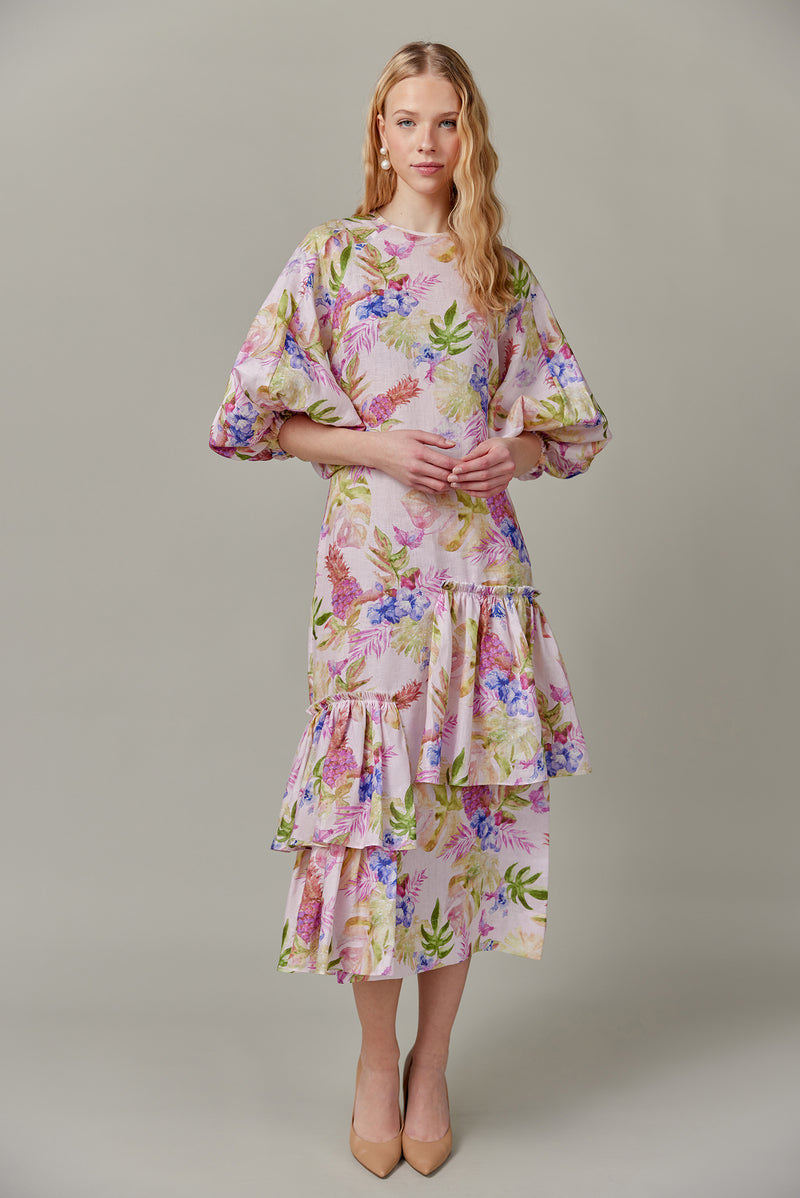 Linen Maxi Dress in Tropical Print
