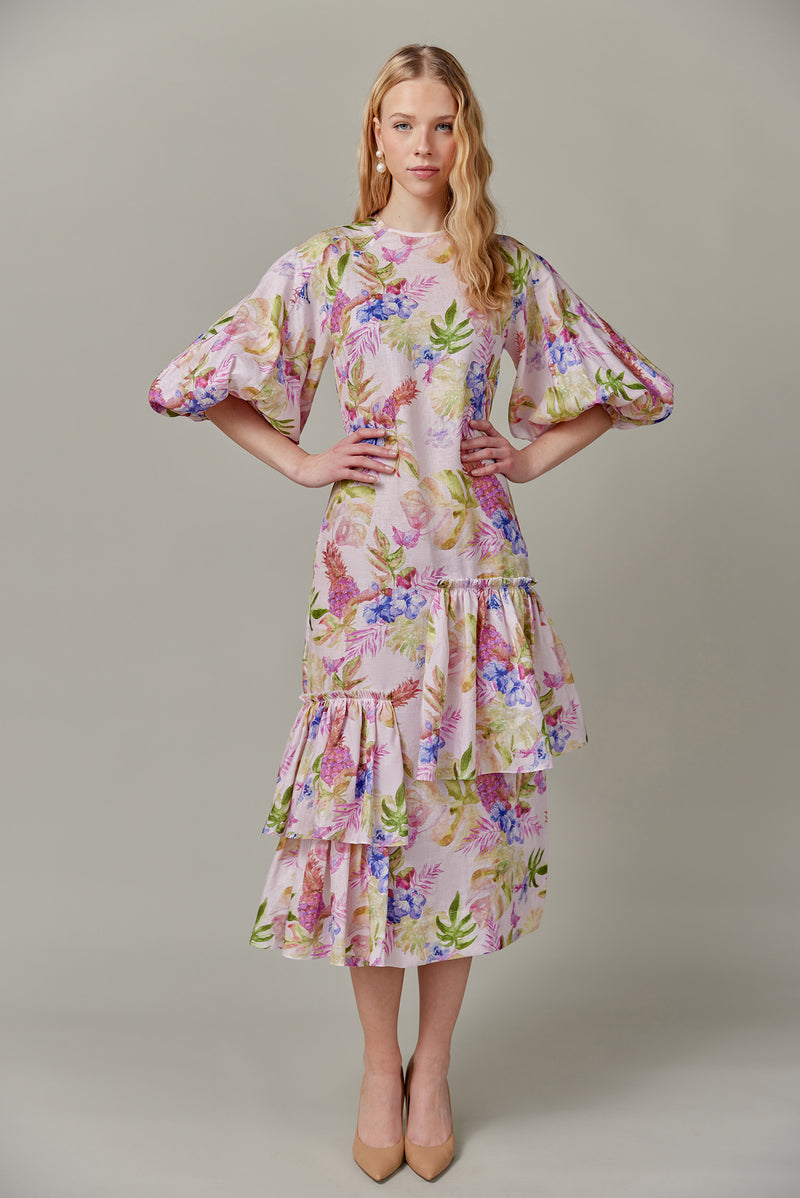 Linen Maxi Dress in Tropical Print