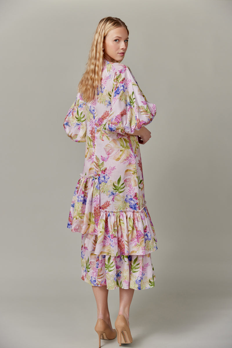 Linen Maxi Dress in Tropical Print