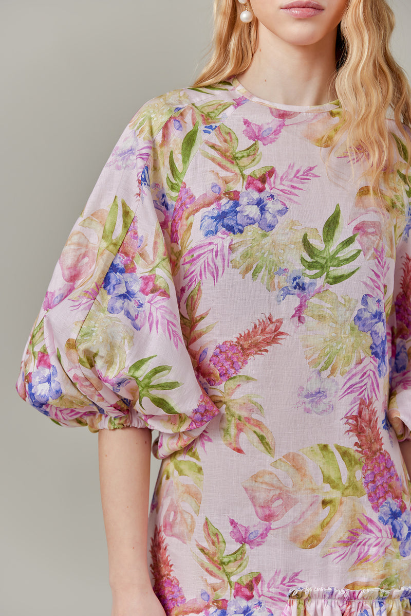 Linen Maxi Dress in Tropical Print