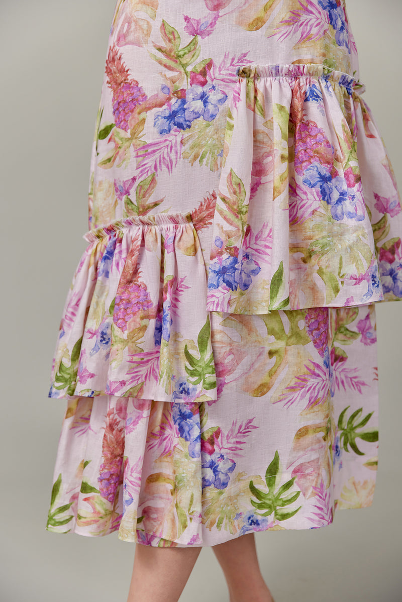 Linen Maxi Dress in Tropical Print