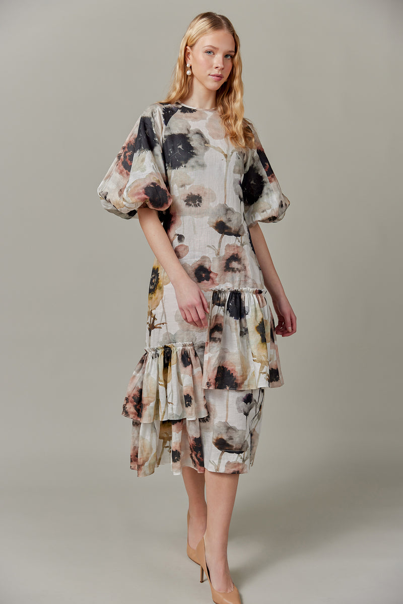Linen Maxi Dress in Watercolor Print