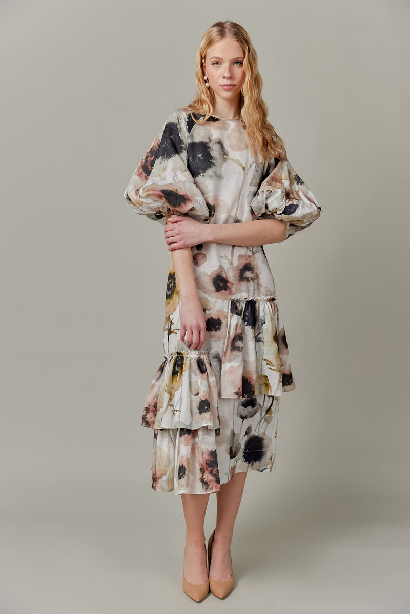 Linen Maxi Dress in Watercolor Print