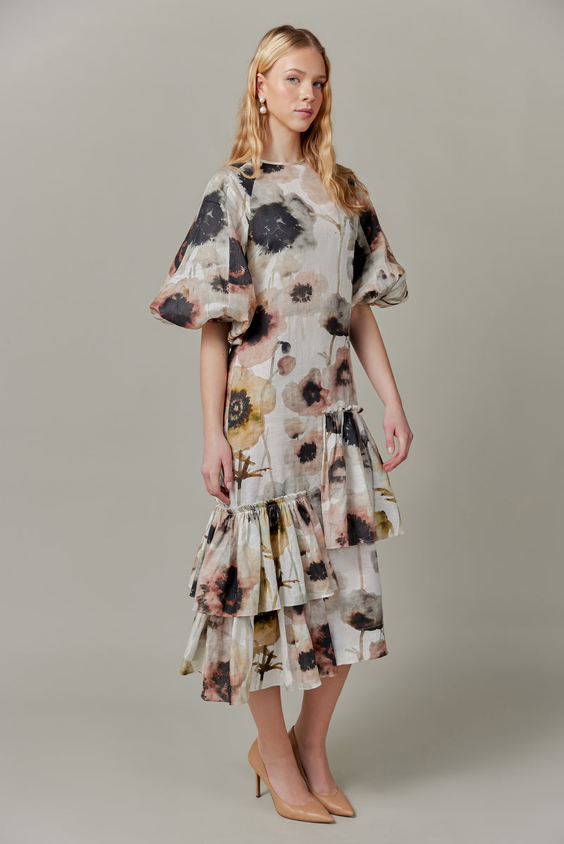Linen Maxi Dress in Watercolor Print
