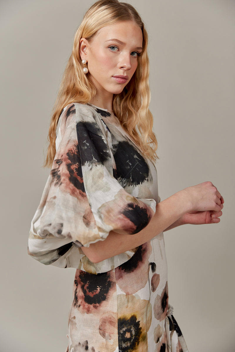 Linen Maxi Dress in Watercolor Print