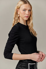 Collared Knit Top with Ruched Sleeves