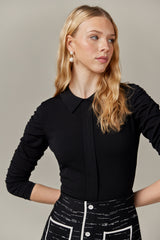 Collared Knit Top with Ruched Sleeves