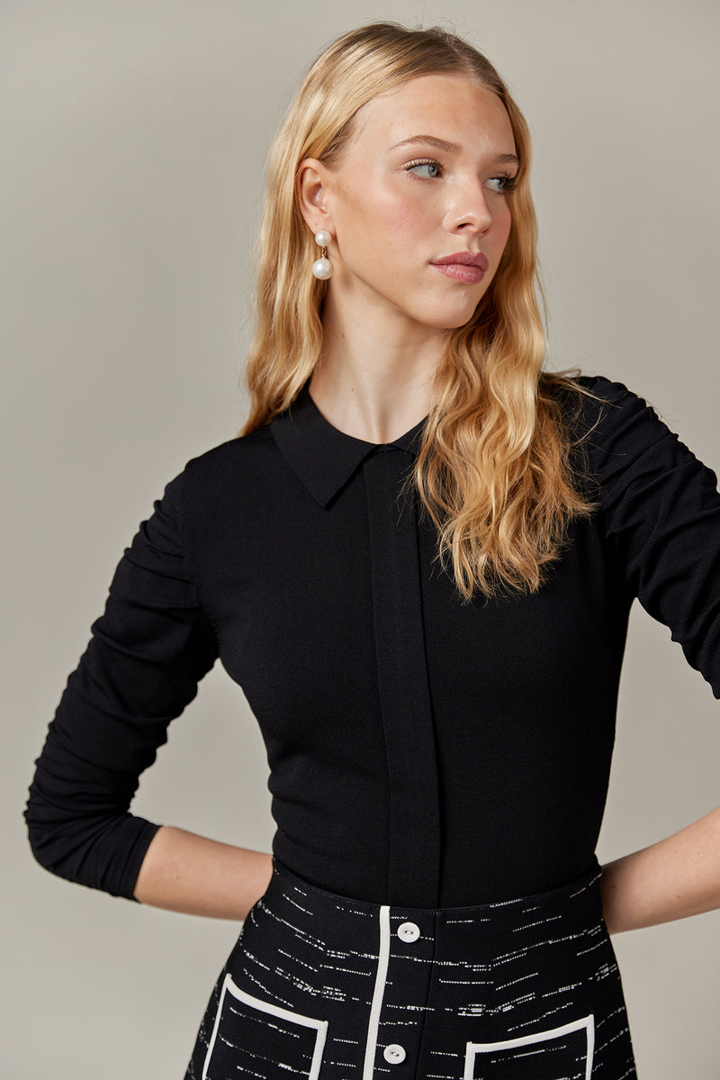 Collared Knit Top with Ruched Sleeves