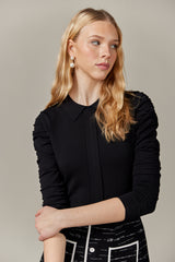 Collared Knit Top with Ruched Sleeves