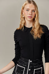 Collared Knit Top with Ruched Sleeves