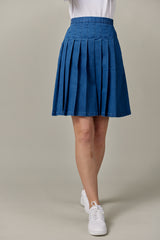 Stretch Denim Pleated Skirt in Dark Wash