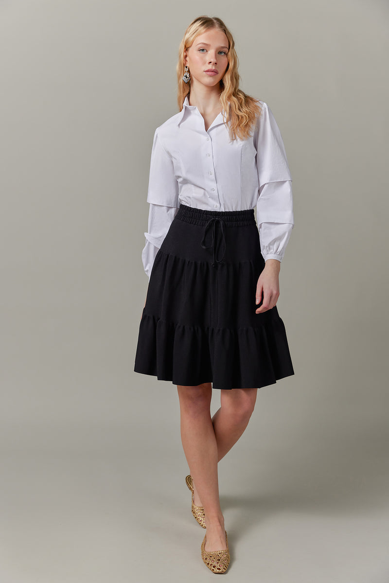 Drawstring Tiered Knit Skirt in Black